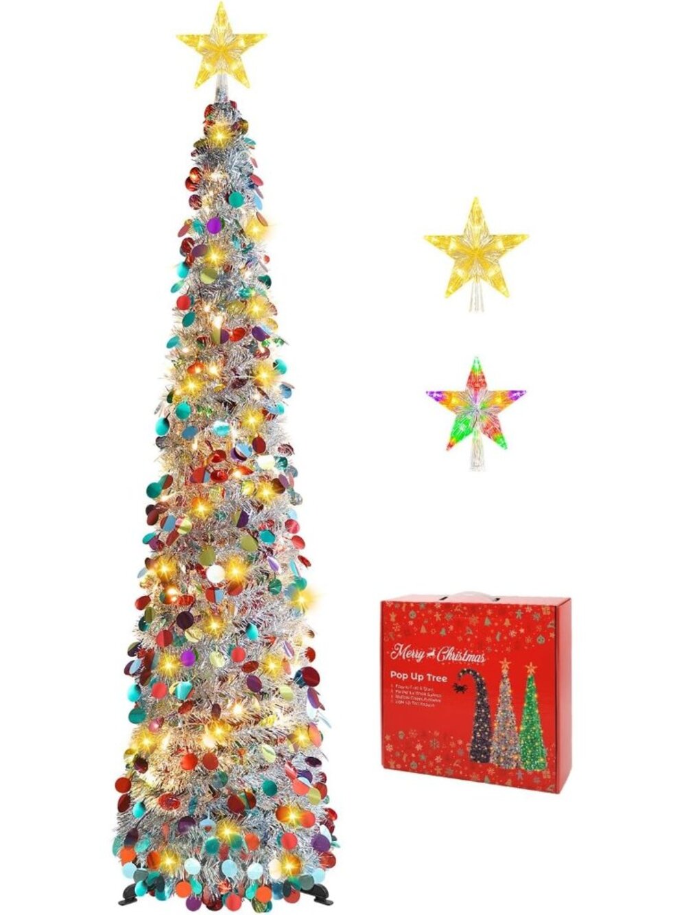 🎄5FT Silver Mix Pop Up with Lighted Top Star for Christmas LED Tree Decorations